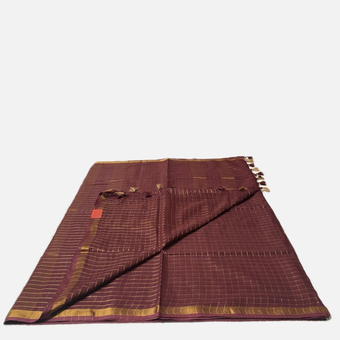 Vyshali Linen Jute Saree in Maroon Checks
