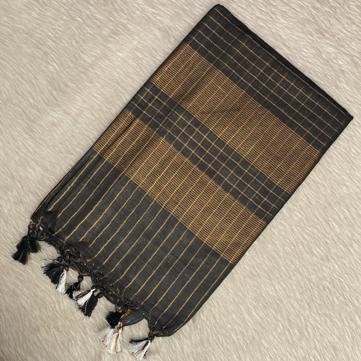 Vyshali Linen Jute Saree in Black Checks