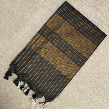 Vyshali Linen Jute Saree in Black Checks