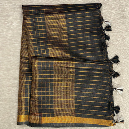 Vyshali Linen Jute Saree in Black Checks