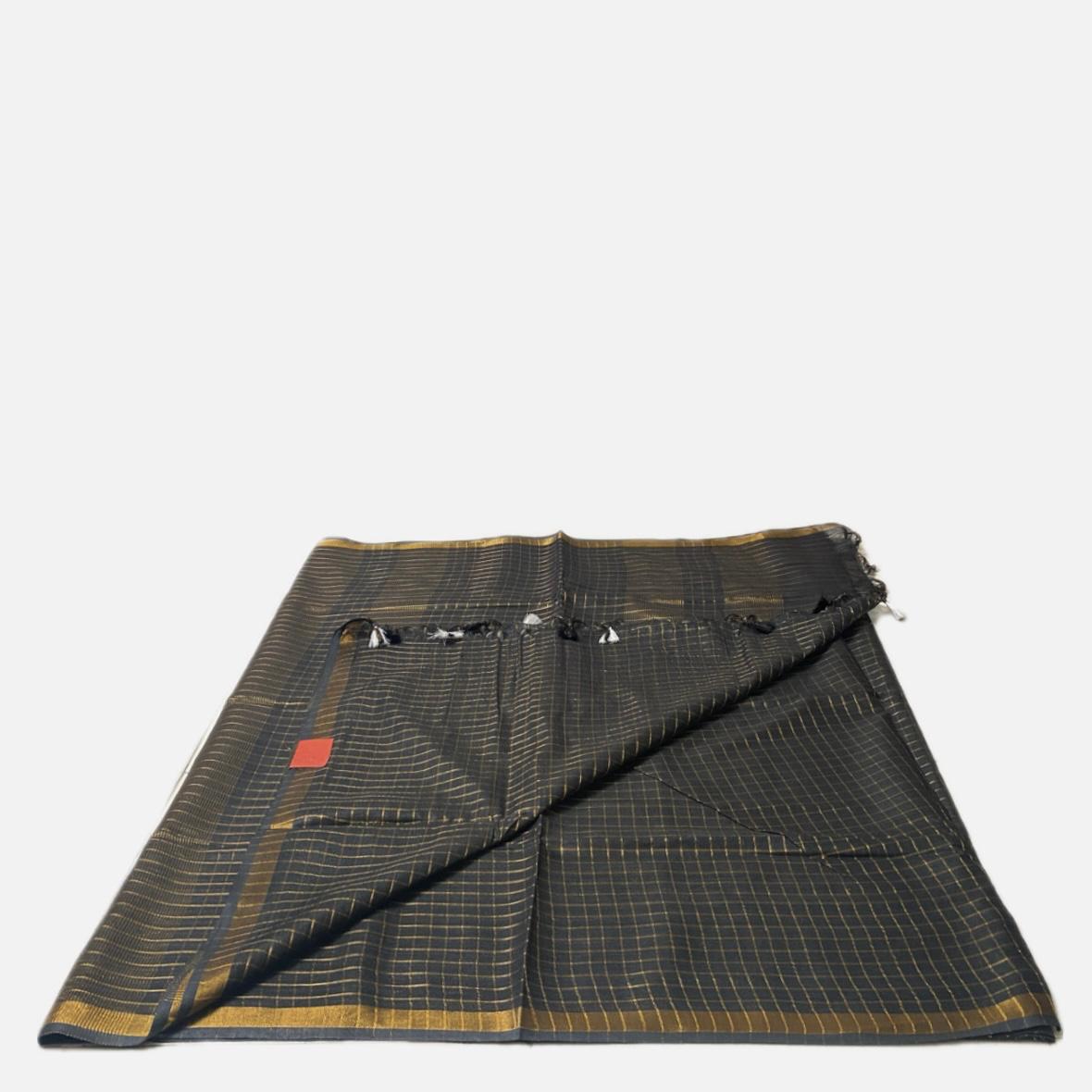 Vyshali Linen Jute Saree in Black Checks
