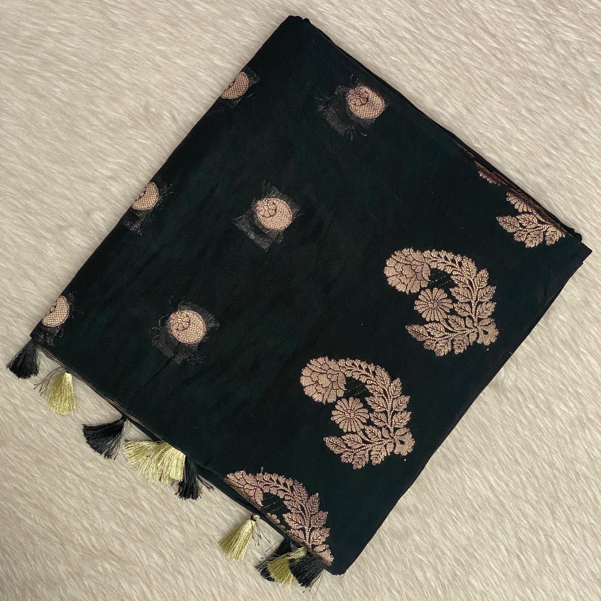 Cotton Chanderi Saree in Black with Floral Design