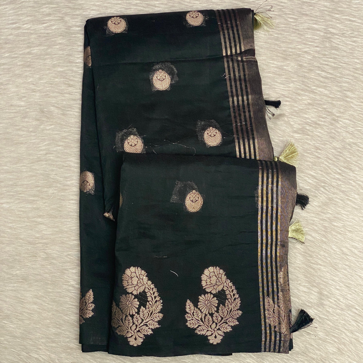 Cotton Chanderi Saree in Black with Floral Design