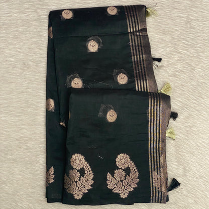 Cotton Chanderi Saree in Black with Floral Design