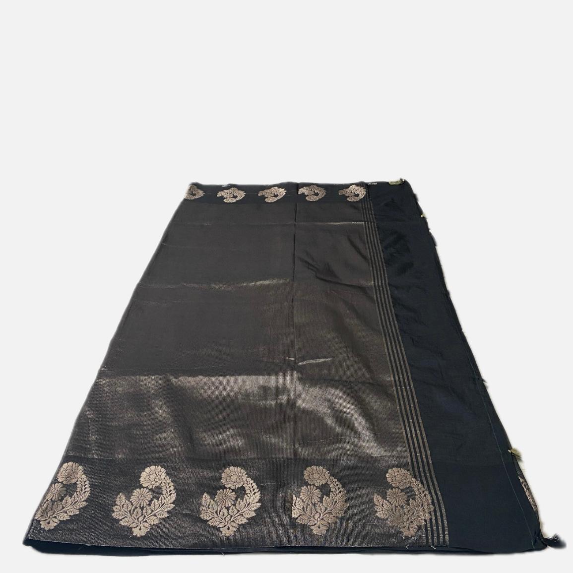 Cotton Chanderi Saree in Black with Floral Design