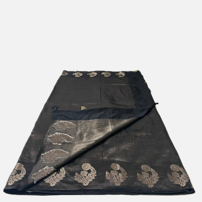Cotton Chanderi Saree in Black with Floral Design