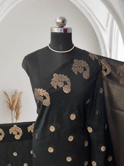 Cotton Chanderi Saree in Black with Floral Design
