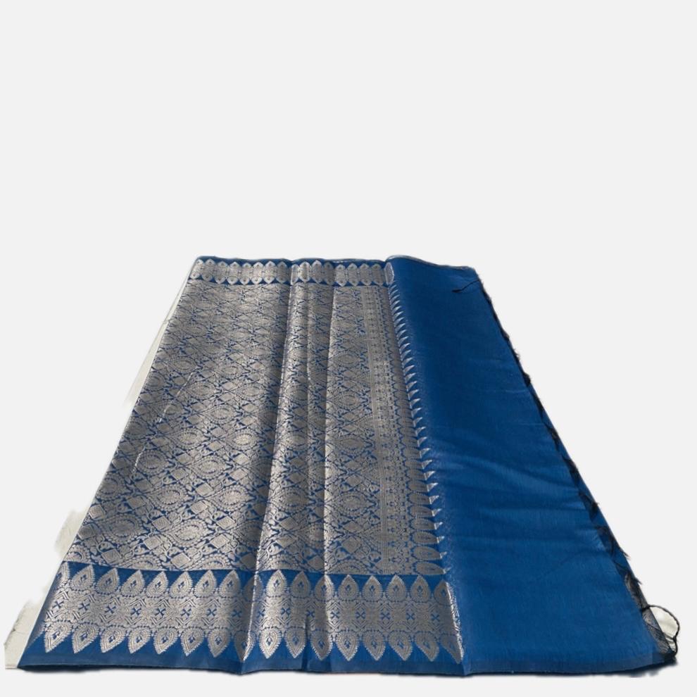 Rich Blue Soft Silk Saree with Silver Zari Paisley Border