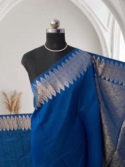 Rich Blue Soft Silk Saree with Silver Zari Paisley Border