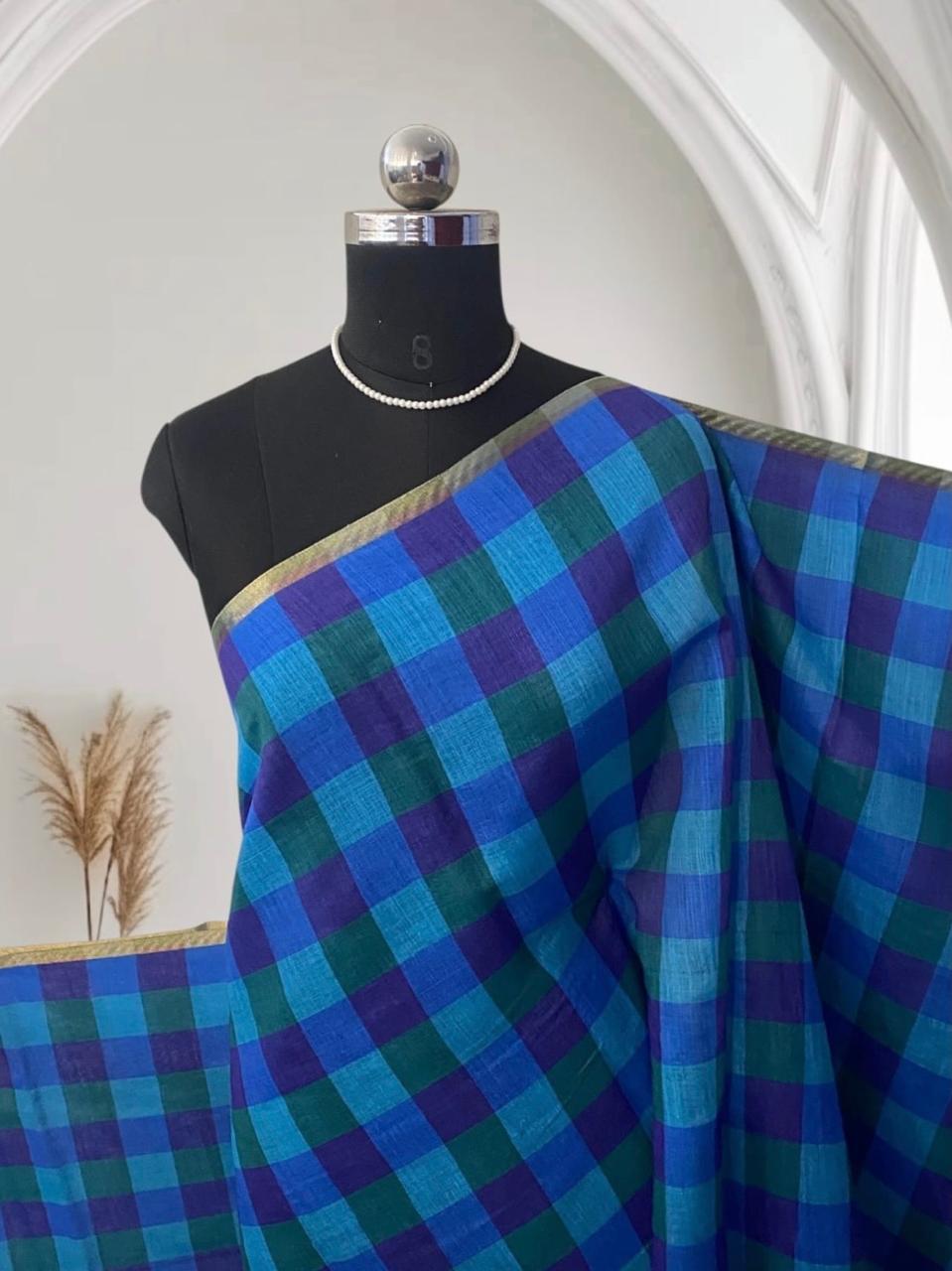 Madras Check Cotton saree in Blue
