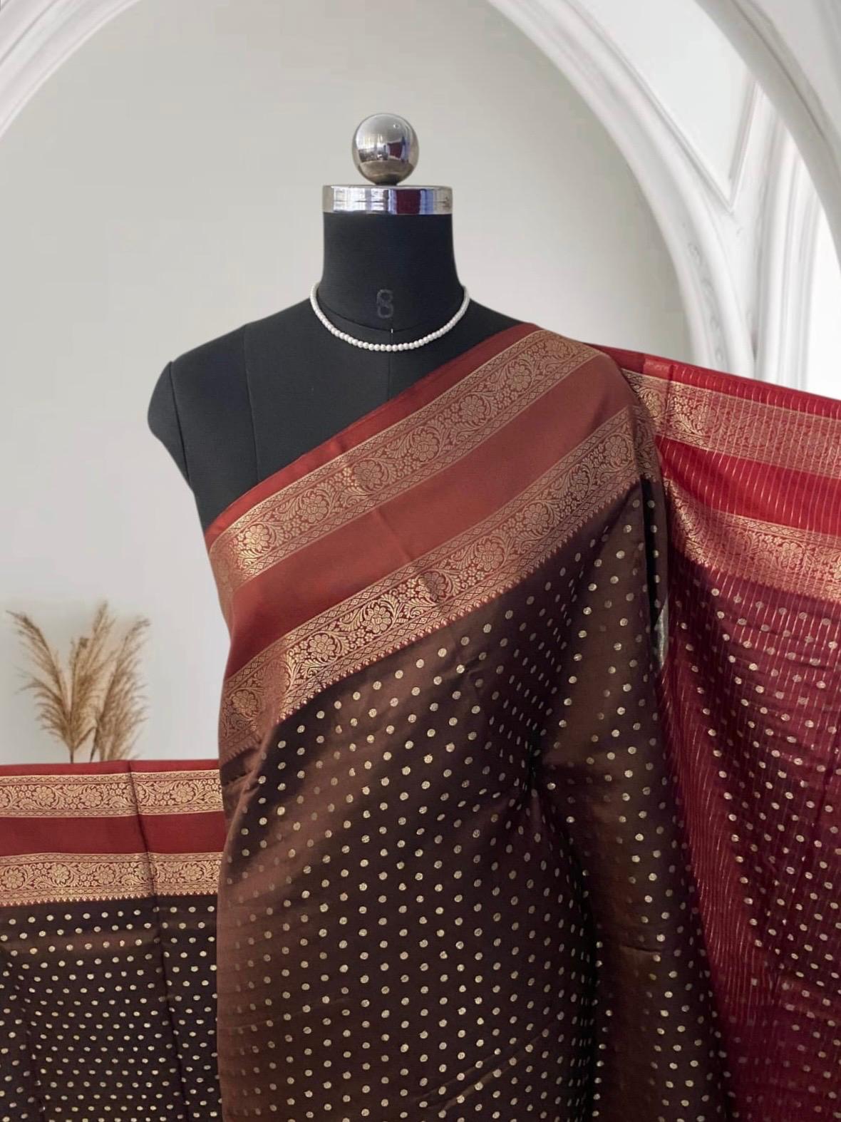 Banarasi Butti Saree with Double Border Brown