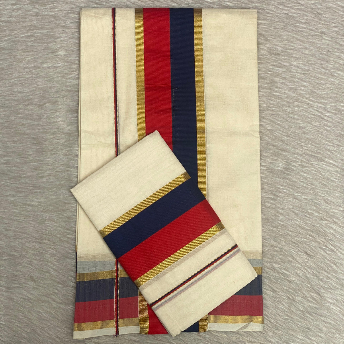 Red and Blue Border Traditional Kerala Cotton Saree