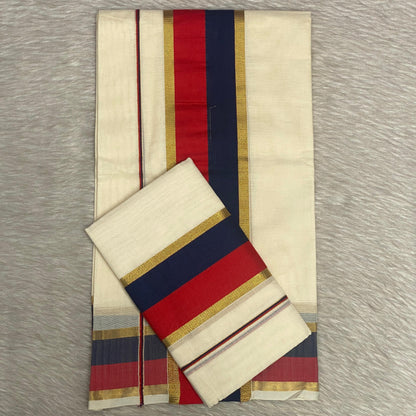 Red and Blue Border Traditional Kerala Cotton Saree