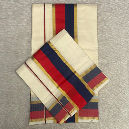 Red and Blue Border Traditional Kerala Cotton Saree