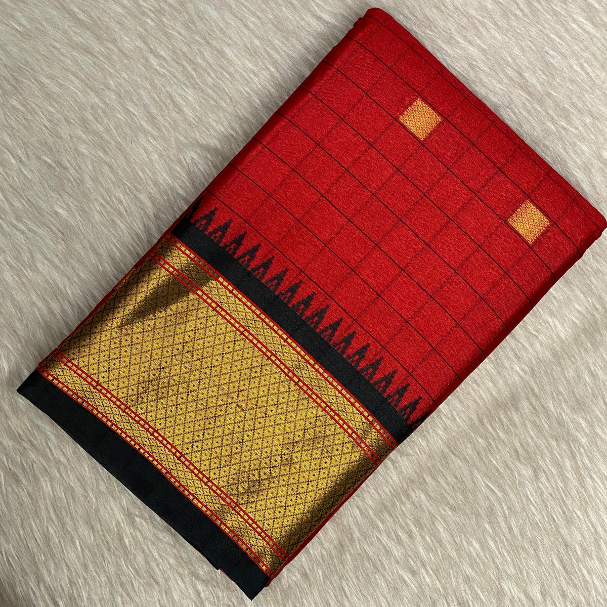Avani Vibrant Red Checked Semi-Silk Saree with Golden Kasavu Border