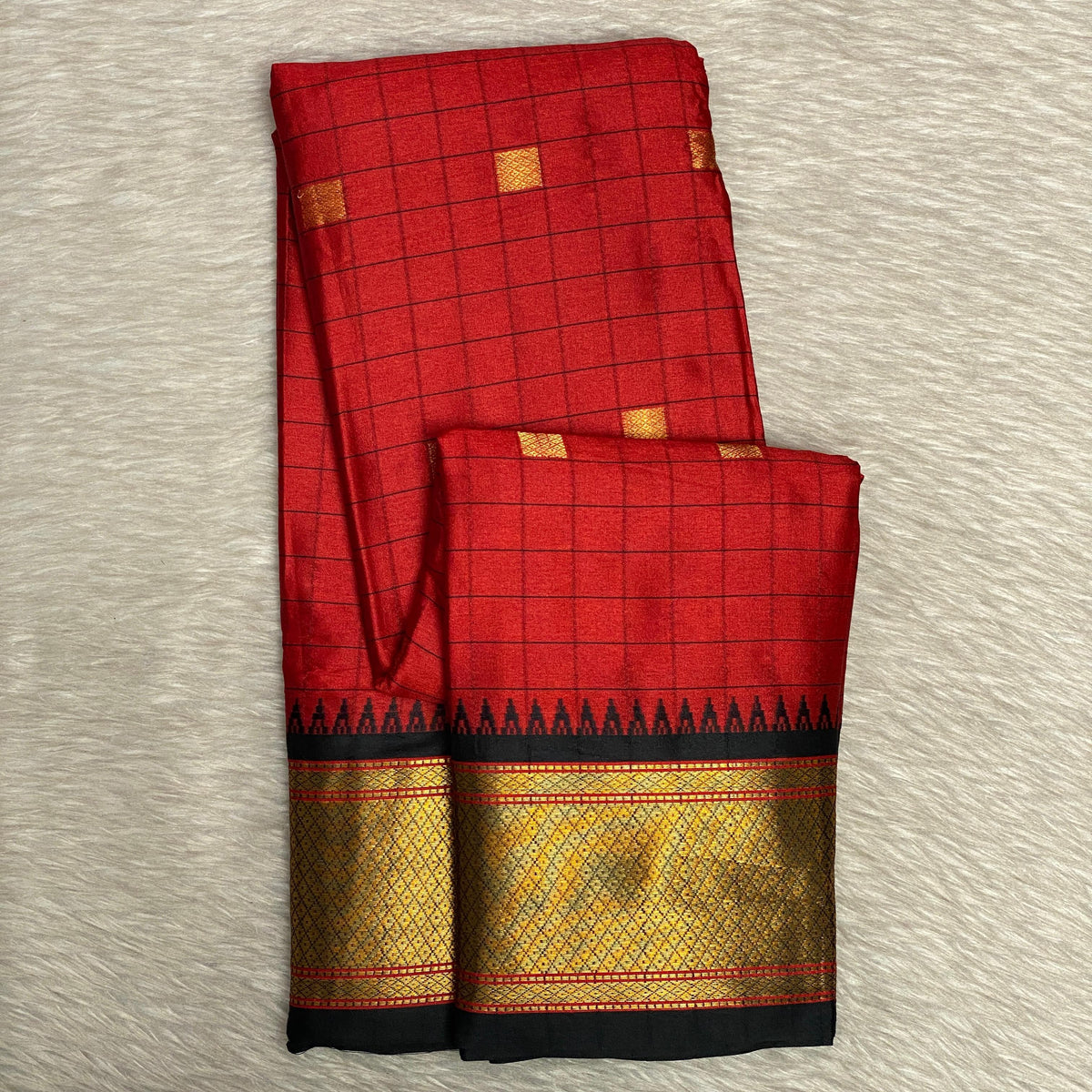 Avani Vibrant Red Checked Semi-Silk Saree with Golden Kasavu Border