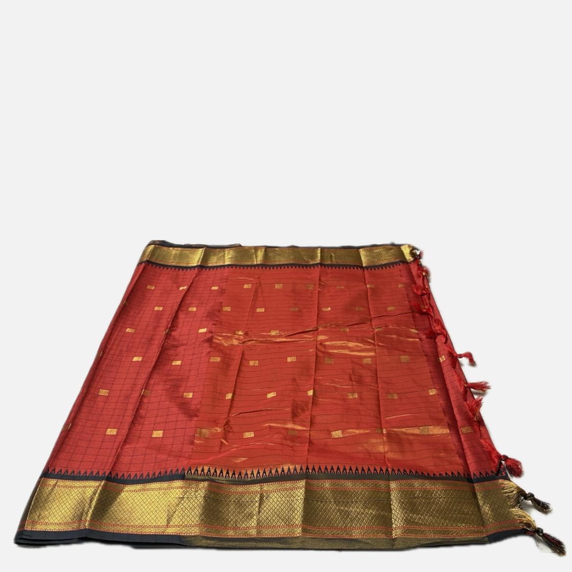 Avani Vibrant Red Checked Semi-Silk Saree with Golden Kasavu Border