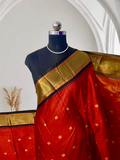 Avani Vibrant Red Checked Semi-Silk Saree with Golden Kasavu Border