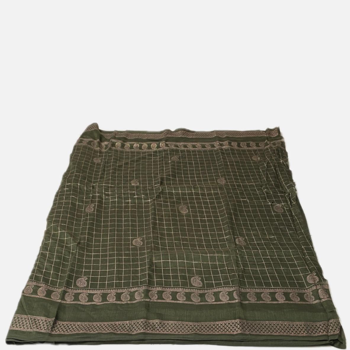 Veda Kashmiri Silk Big Checks Saree with Double Line Border Green