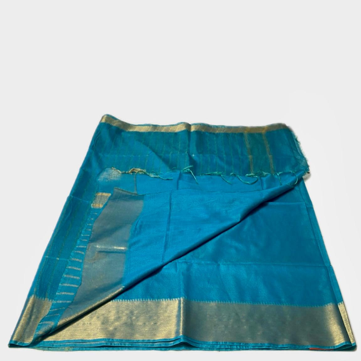 Rambha Semi Silk Saree in Light Blue with Golden Stripes