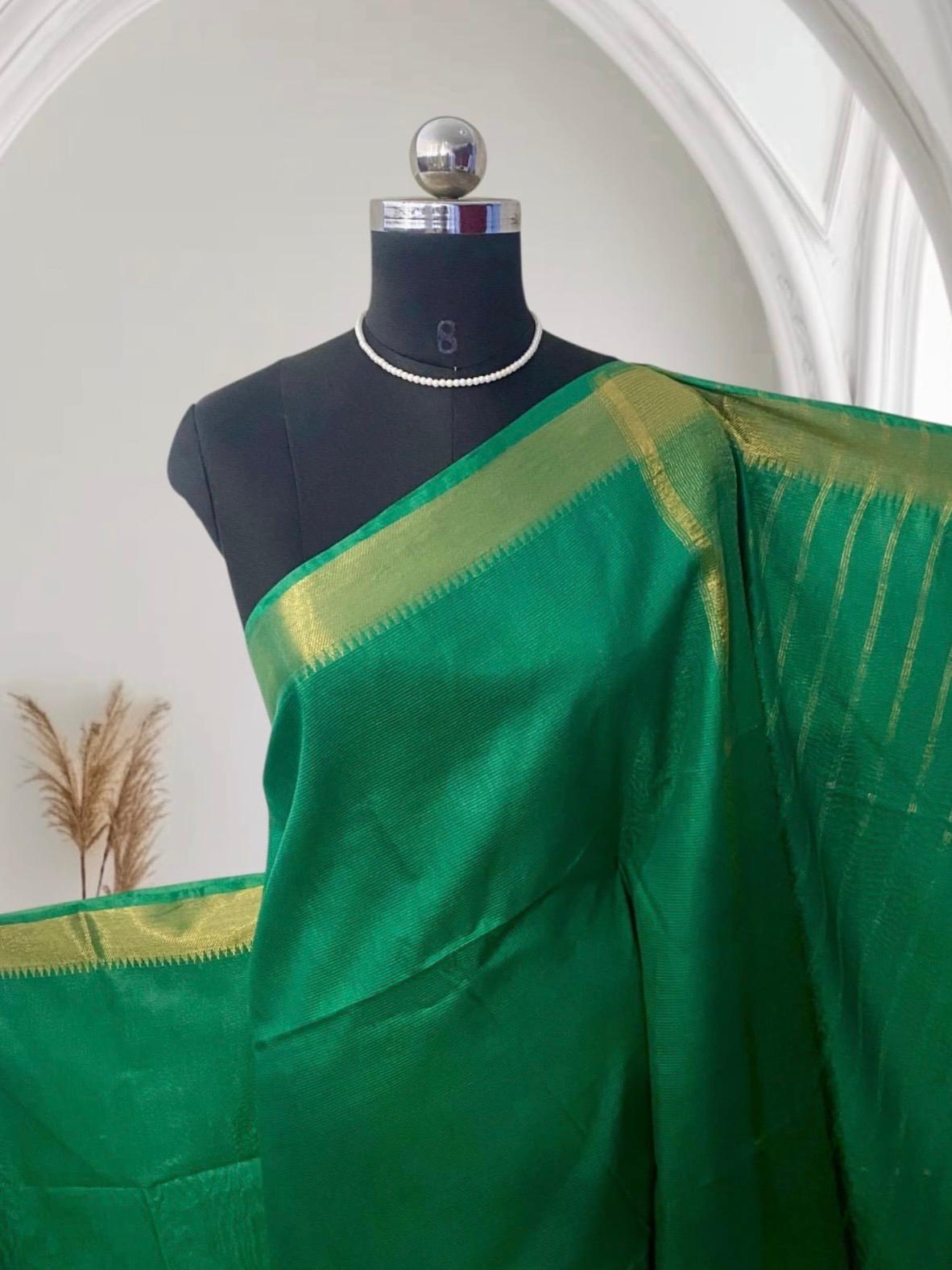 Rambha Semi Silk Saree in Light Green with Golden Stripes