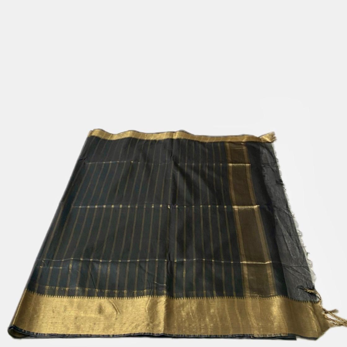 Rambha Saree in Black with Golden Stripes