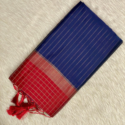 Bairavi Blue & Red Silk Saree with Golden Stripes