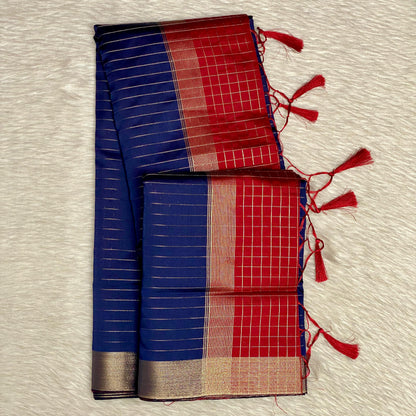 Bairavi Blue & Red Silk Saree with Golden Stripes