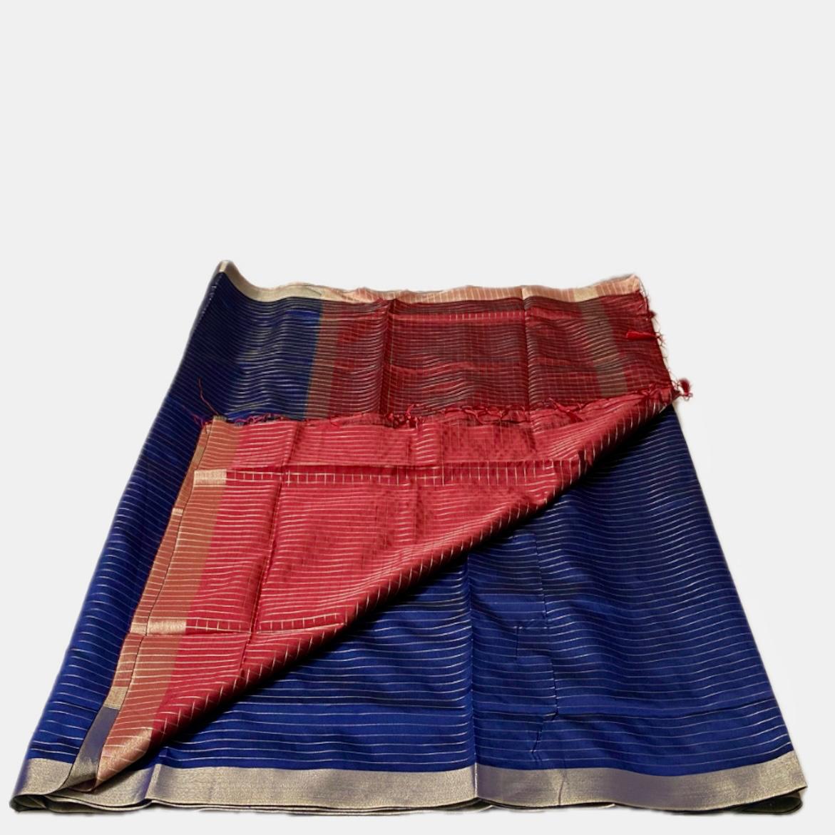 Bairavi Blue & Red Silk Saree with Golden Stripes