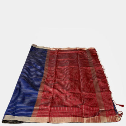 Bairavi Blue & Red Silk Saree with Golden Stripes