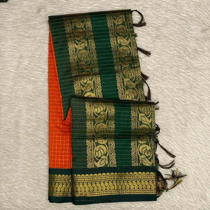 Kalyani Cotton Saree in Orange with Floral Design
