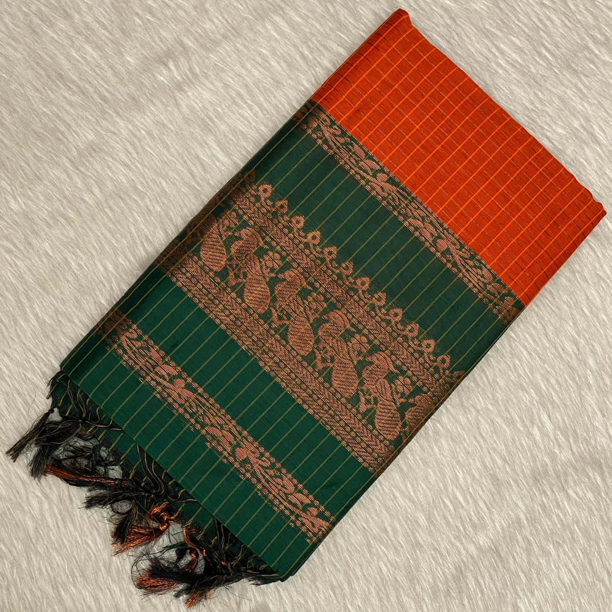 Kalyani Cotton Saree in Orange with Peacock Design