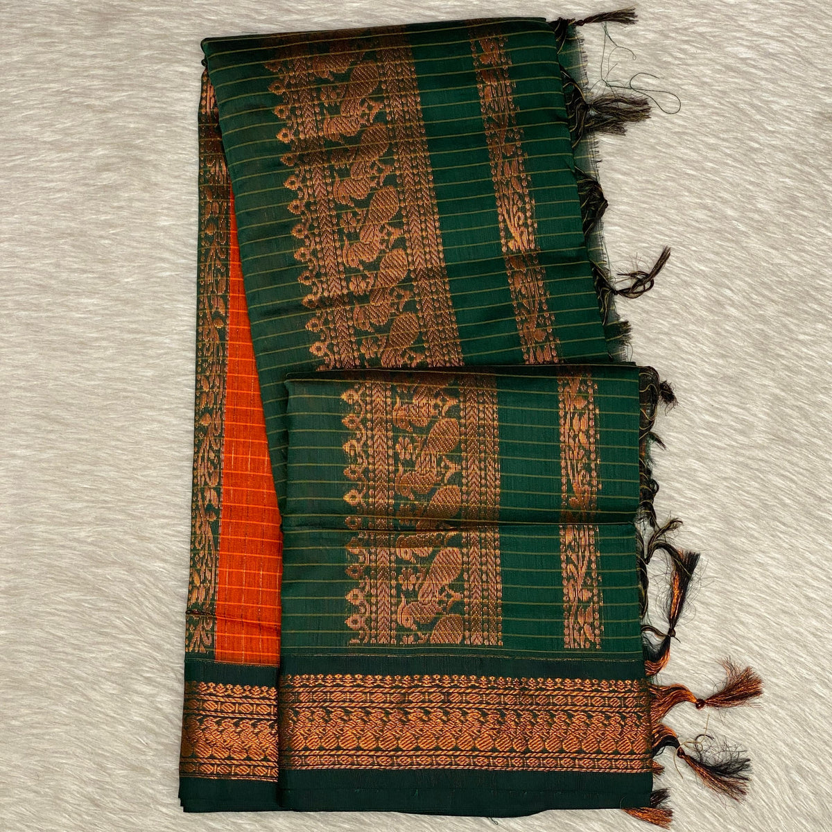 Kalyani Cotton Saree in Orange with Peacock Design