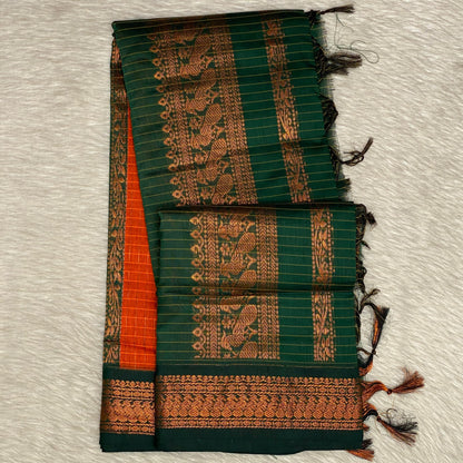 Kalyani Cotton Saree in Orange with Peacock Design