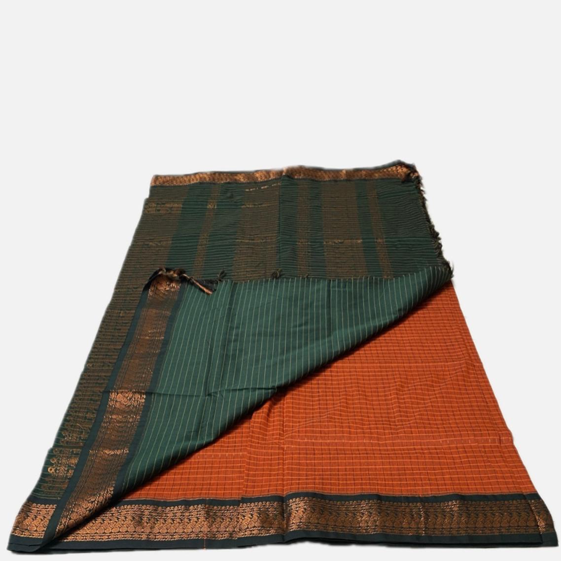 Kalyani Cotton Saree in Orange with Peacock Design