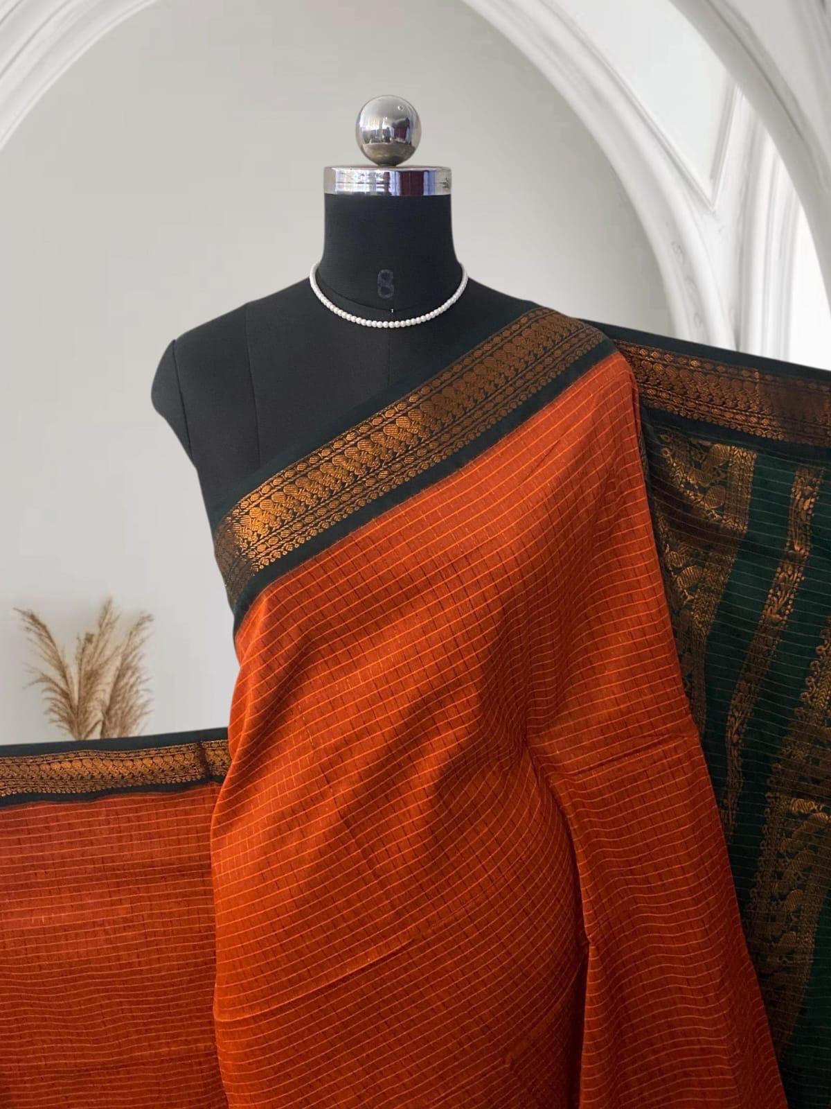 Kalyani Cotton Saree in Orange with Peacock Design