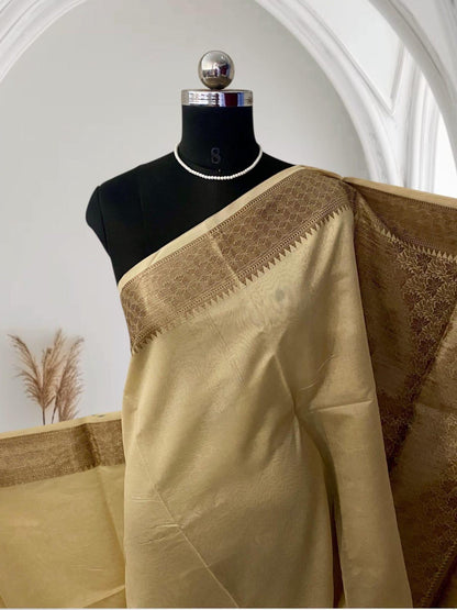 Athira Golden Silk Saree with Temple Motif Zari Border Chikku