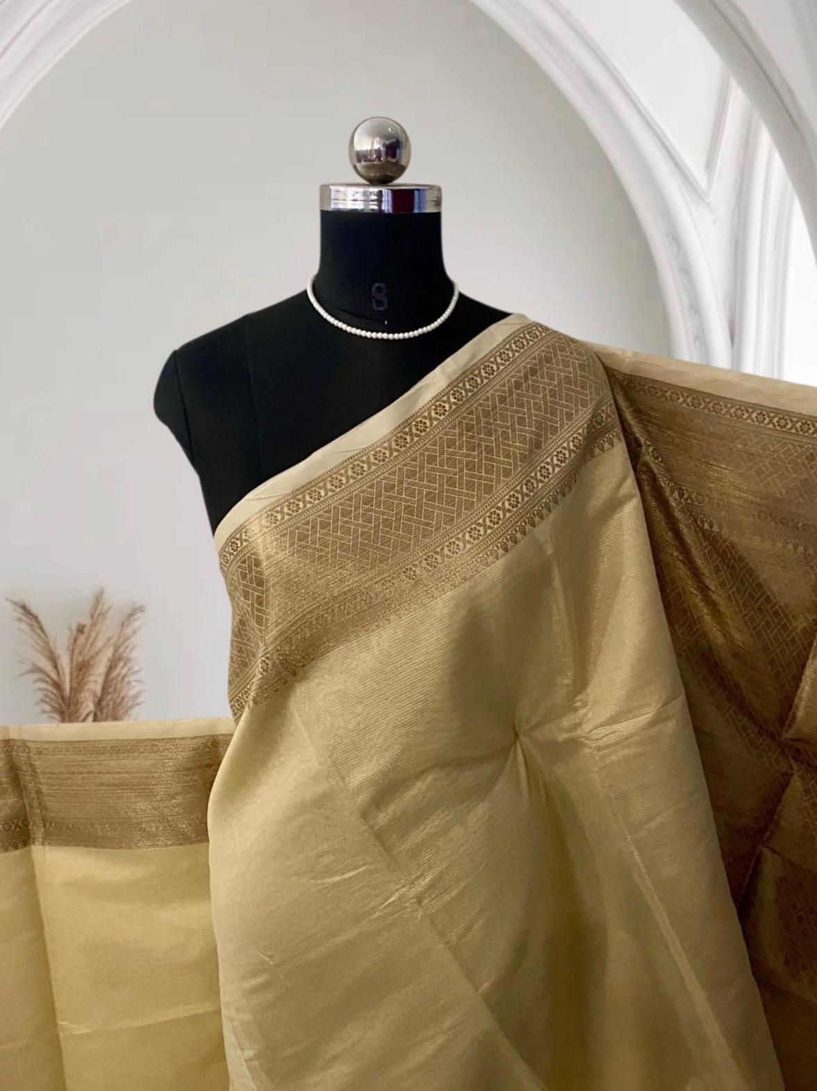 Athira Golden Silk Saree with Temple Motif Zari Border Chikku