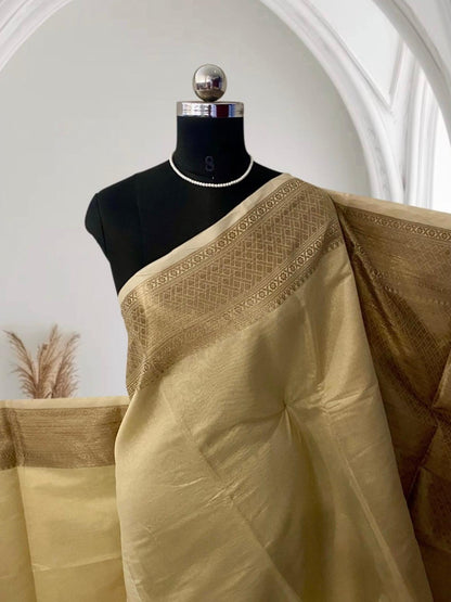 Athira Golden Silk Saree with Temple Motif Zari Border Chikku