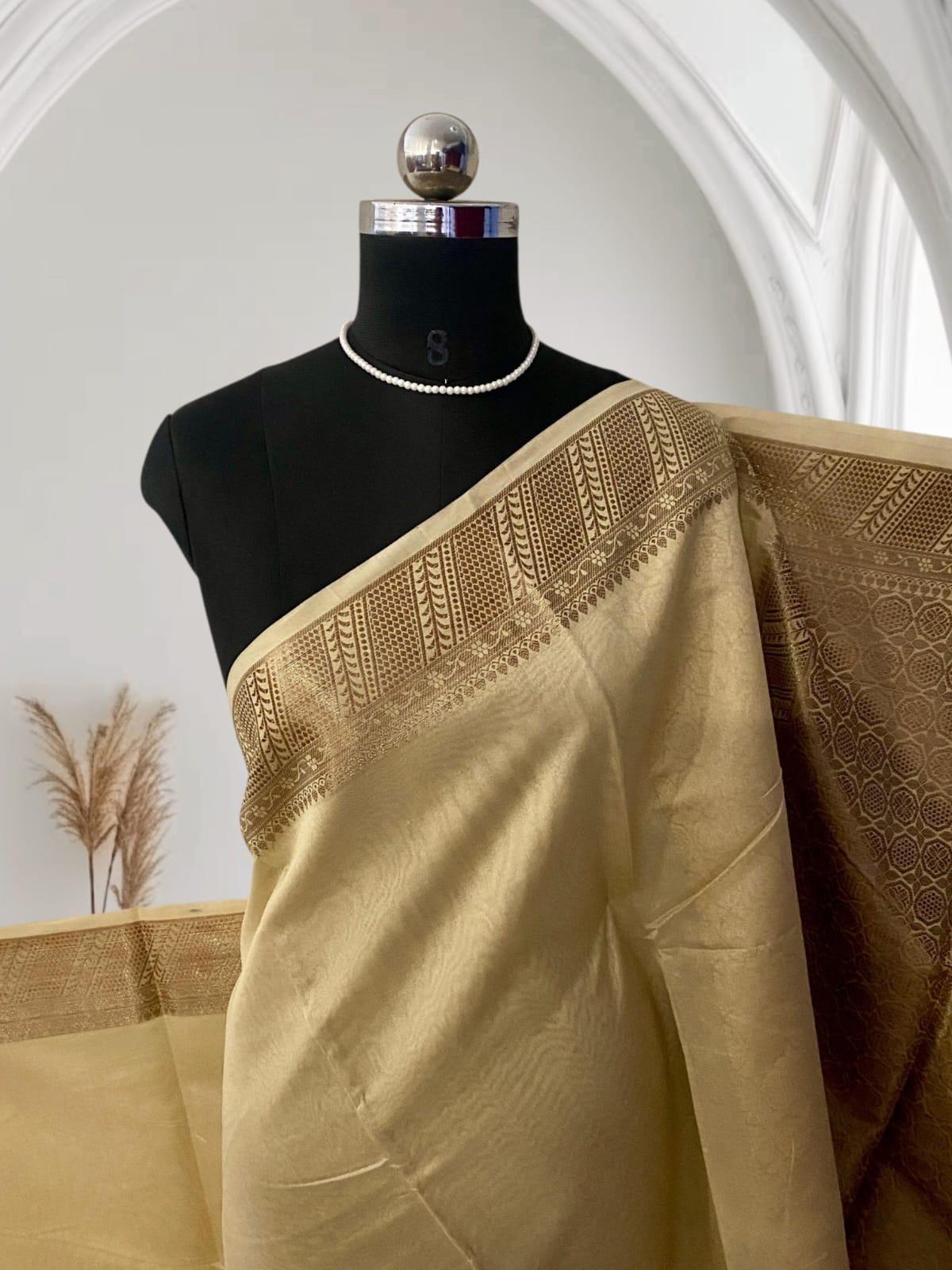 Athira Golden Silk Saree with Temple Motif Zari Border Chikku