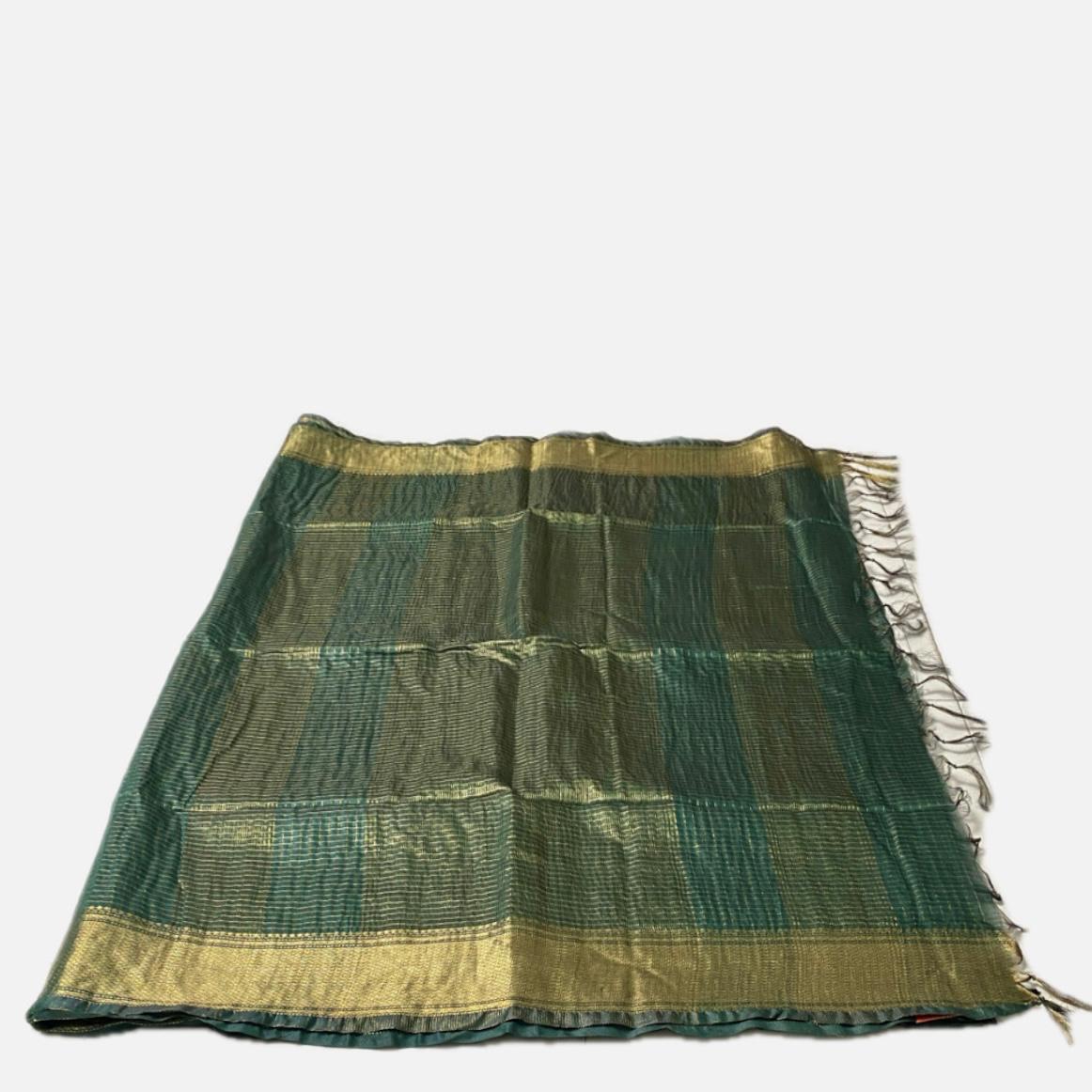 Vyshali Linen Jute Saree in Green Checks