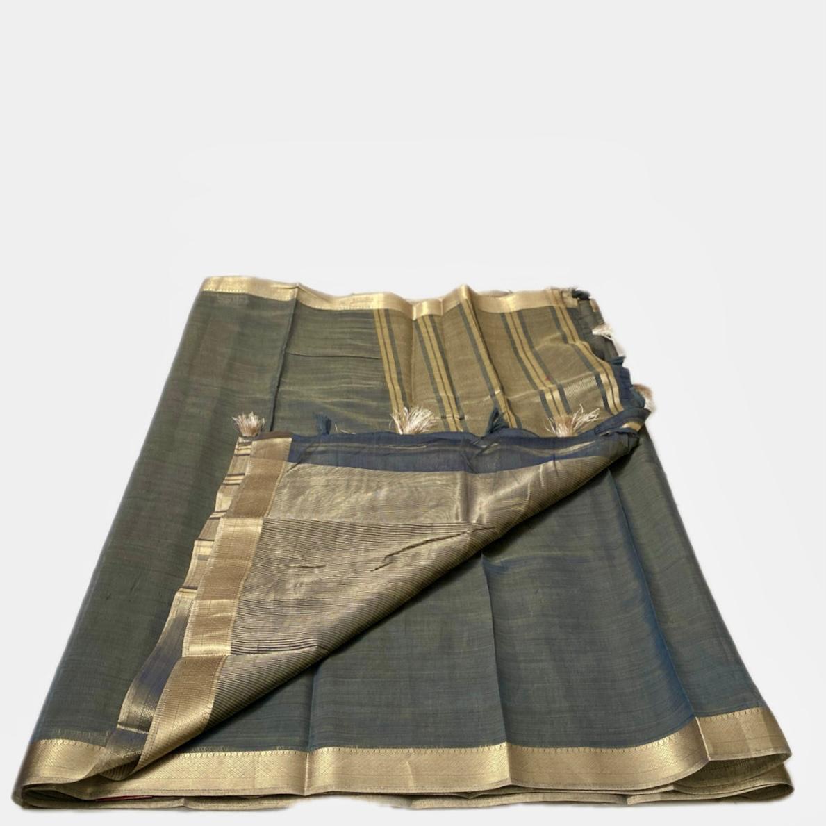 Semi Linen Saree in Black with Golden Border