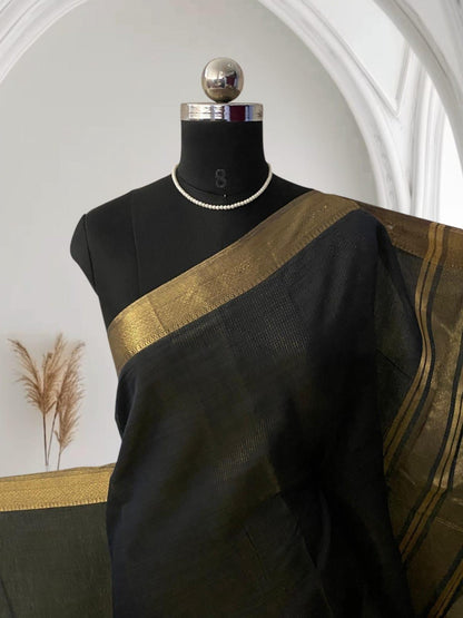 Semi Linen Saree in Black with Golden Border