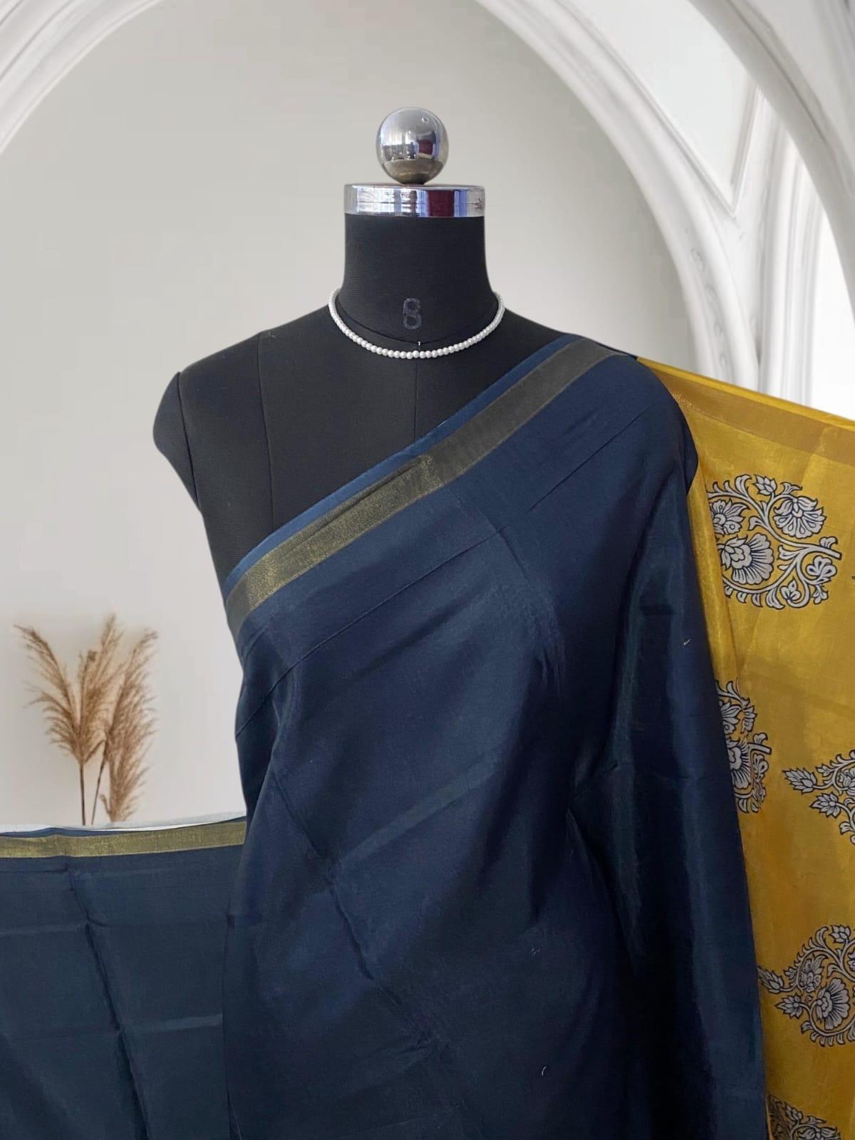 Semi Linen Saree Black in Yellow Border