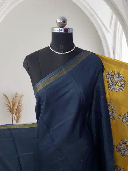 Semi Linen Saree Black in Yellow Border