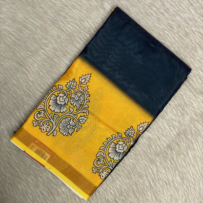 Semi Linen Saree Black in Yellow Border