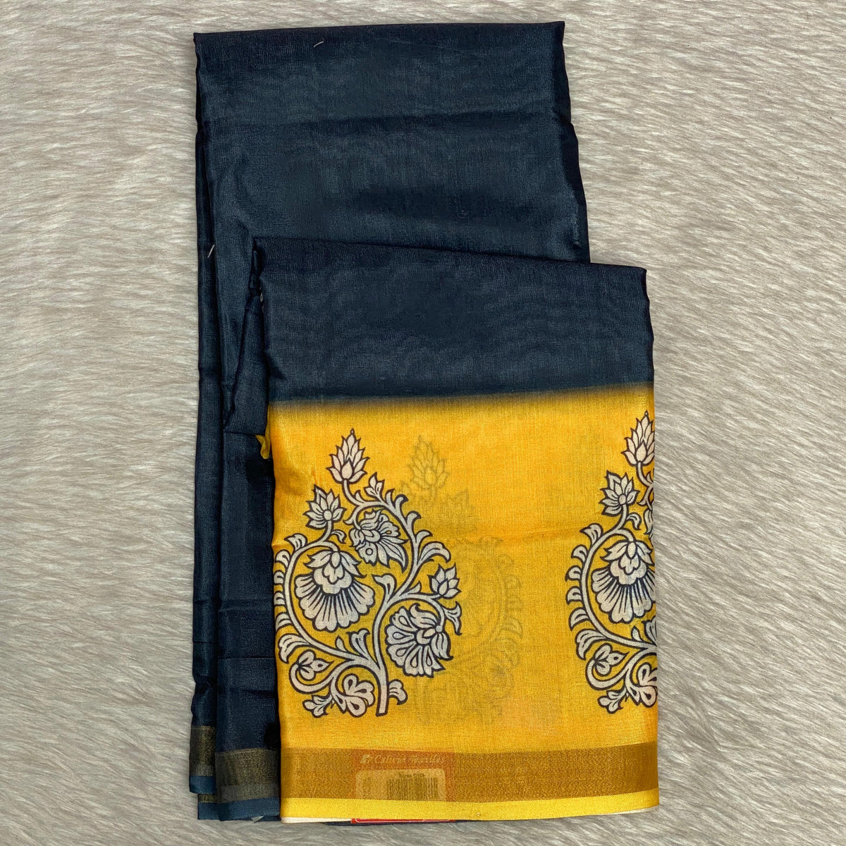 Semi Linen Saree Black in Yellow Border