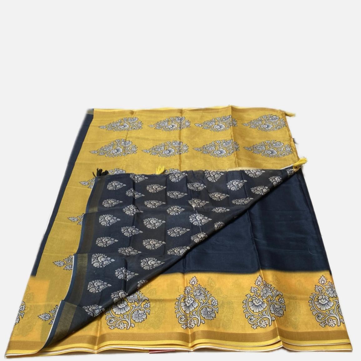Semi Linen Saree Black in Yellow Border
