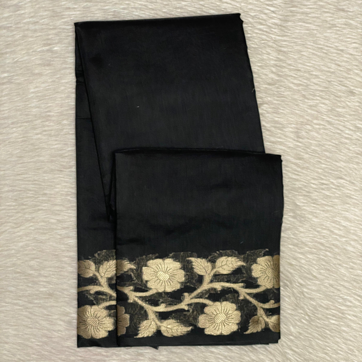Cotton Chanderi Black Saree with Golden Floral Border