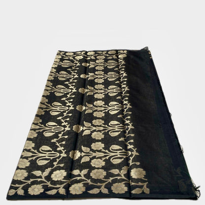 Cotton Chanderi Black Saree with Golden Floral Border